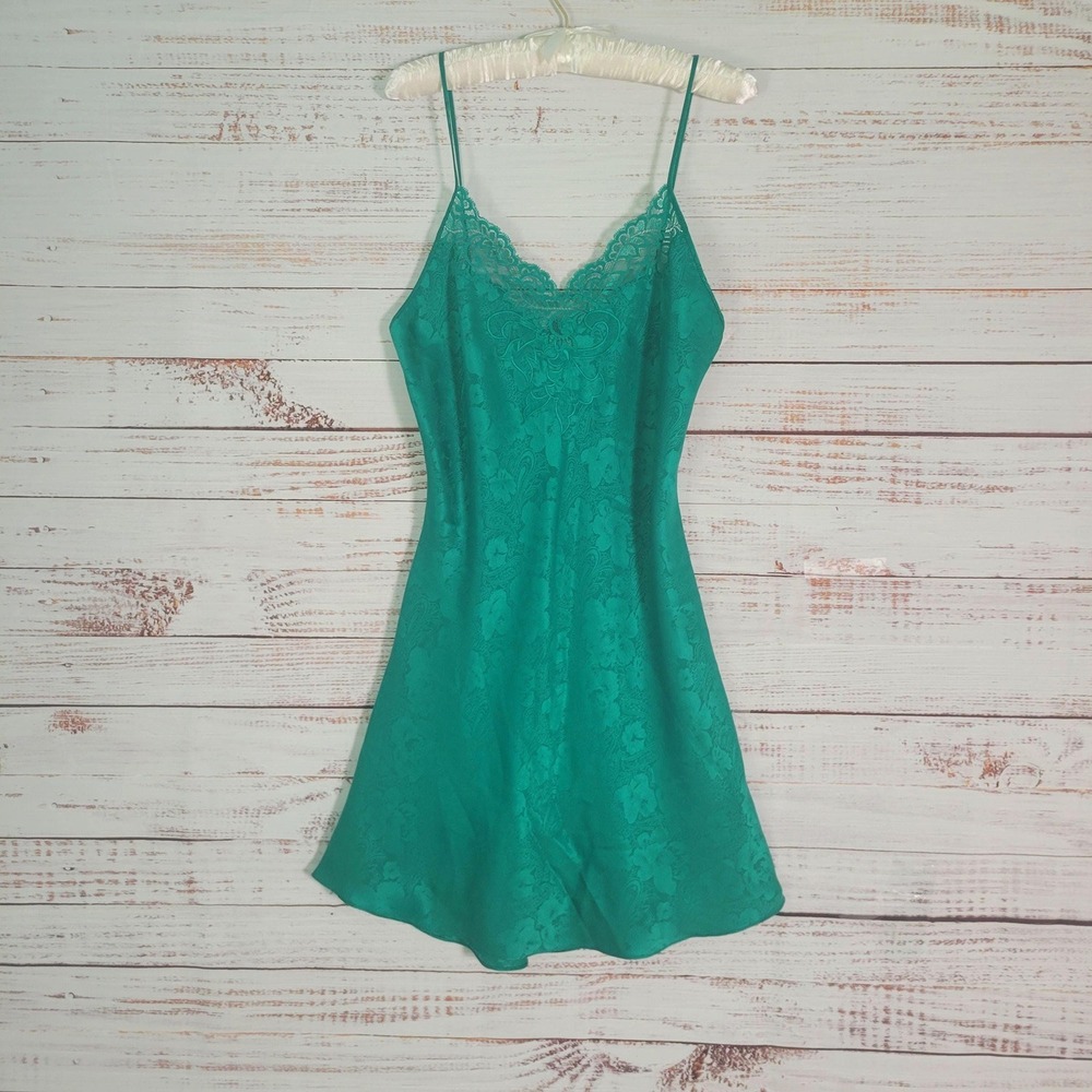 Vintage Victorias Secret Gold Label Emerald Green Satin Chemise Nightgown Small
